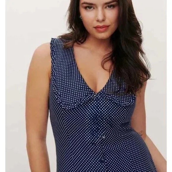 NWT Caroline Constas Polka Dot Mini Dress Linen Blend Navy Size 6 - Picture 2 of 11